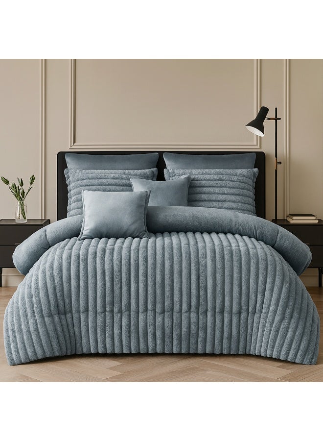 مينجلي مفرش شتوي فرو فاخر نفرين – طقم سرير 8 قطع بتصميم هندسي ناعم مقاس كبير 230×250 سم - Image 1