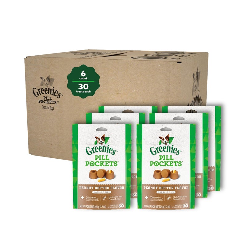 Greenies Pill Pockets for Dogs Large Size, Soft Dog Treats, Real Peanut Butter Flavor, (6) 7.9 oz. Pouches (180 Treats Total) - Image 1