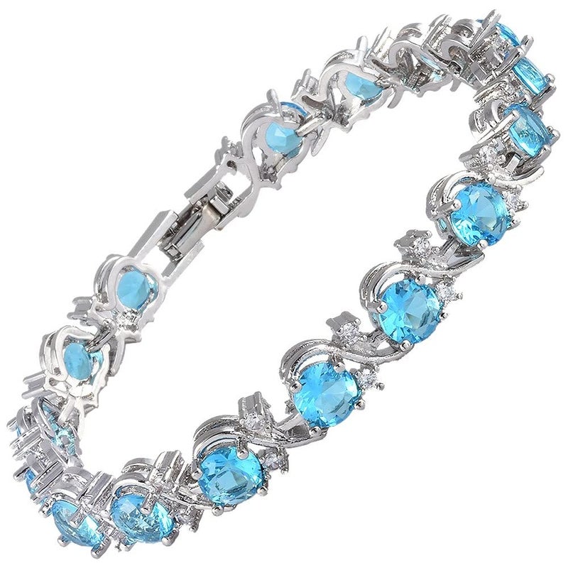 RIZILIA BLOSSOM Tennis Bracelet & Round Cut CZ [6 Colors available] in White Gold Plated, 7" (Blue Topaz) - Image 1