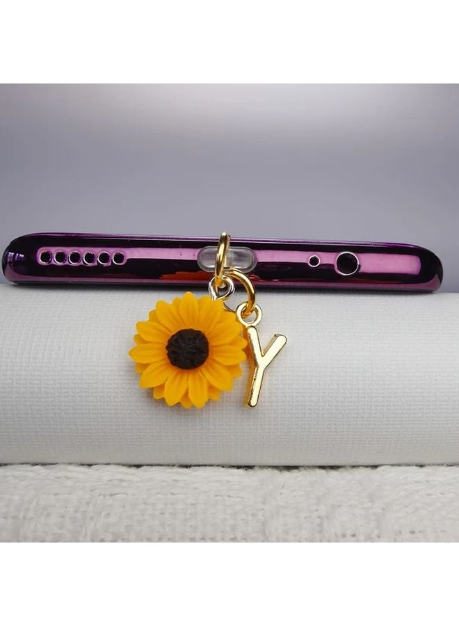 قابس غبار هاتف من النوع C، حرف عباد الشمس الذهبي بالإنجليزية، غطاء منفذ الشحن DIY، زخرفة محمولة - Image 1