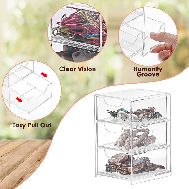 BTSKY 1 Pack Small Acrylic Storage Organizer with Drawers, 3-Layer Clear Desktop Organizer for Office Supplies Mini Storage Box with Drawers for Desk, Desktop Makeup Drawer Jewelry Storage Box - Image 5
