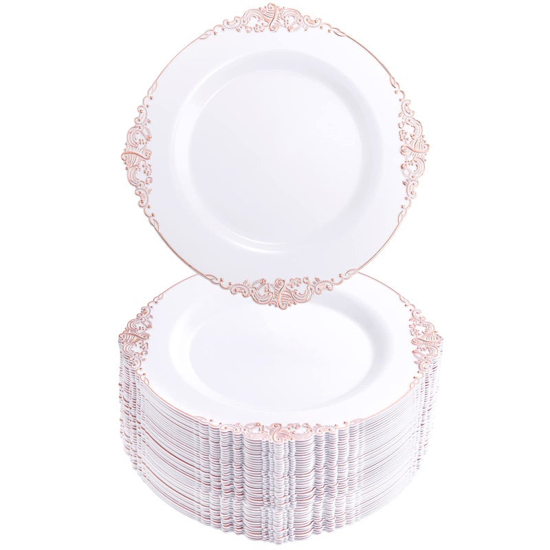 Morejoy 100pcs Plastic Plates - Disposable - 7.5 inch White and Rose Gold Dessert Plates for Weddings & Parties & Shower - Image 1