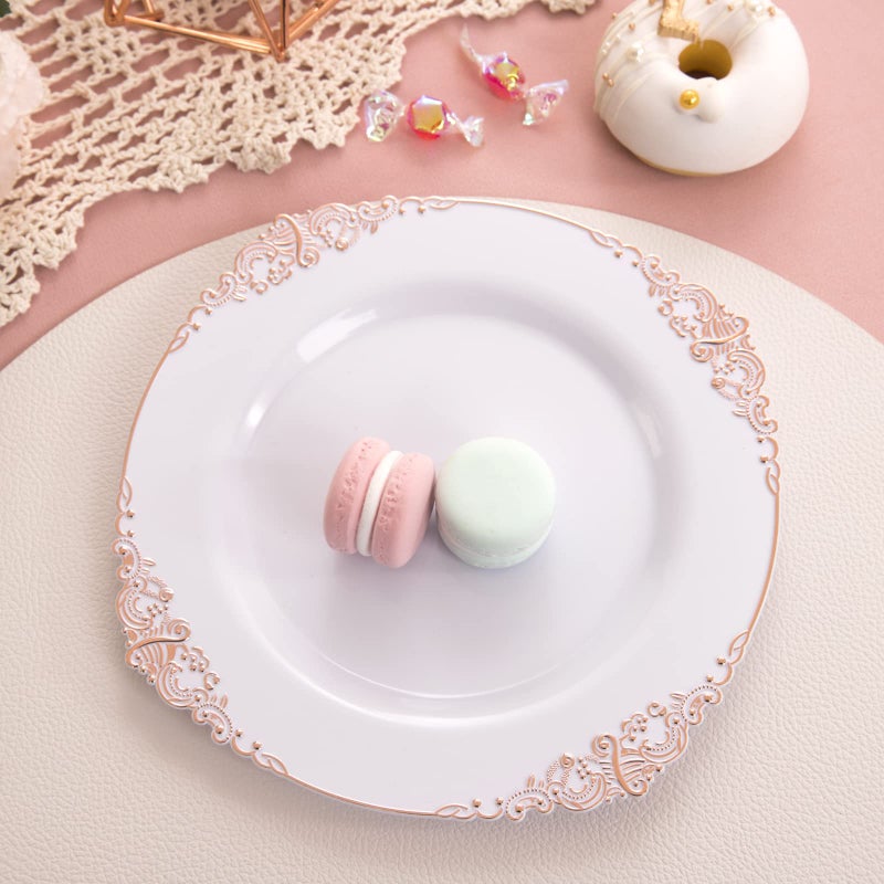 Morejoy 100pcs Plastic Plates - Disposable - 7.5 inch White and Rose Gold Dessert Plates for Weddings & Parties & Shower - Image 3