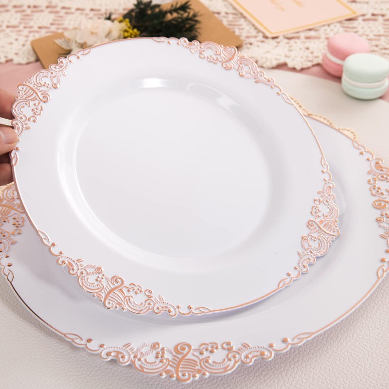 Morejoy 100pcs Plastic Plates - Disposable - 7.5 inch White and Rose Gold Dessert Plates for Weddings & Parties & Shower - Image 2