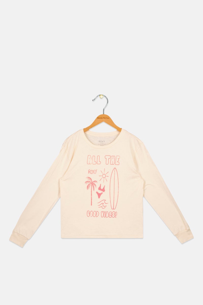Roxy Kids Girl Graphic Printed Long Sleeve Top, Cream - Image 1