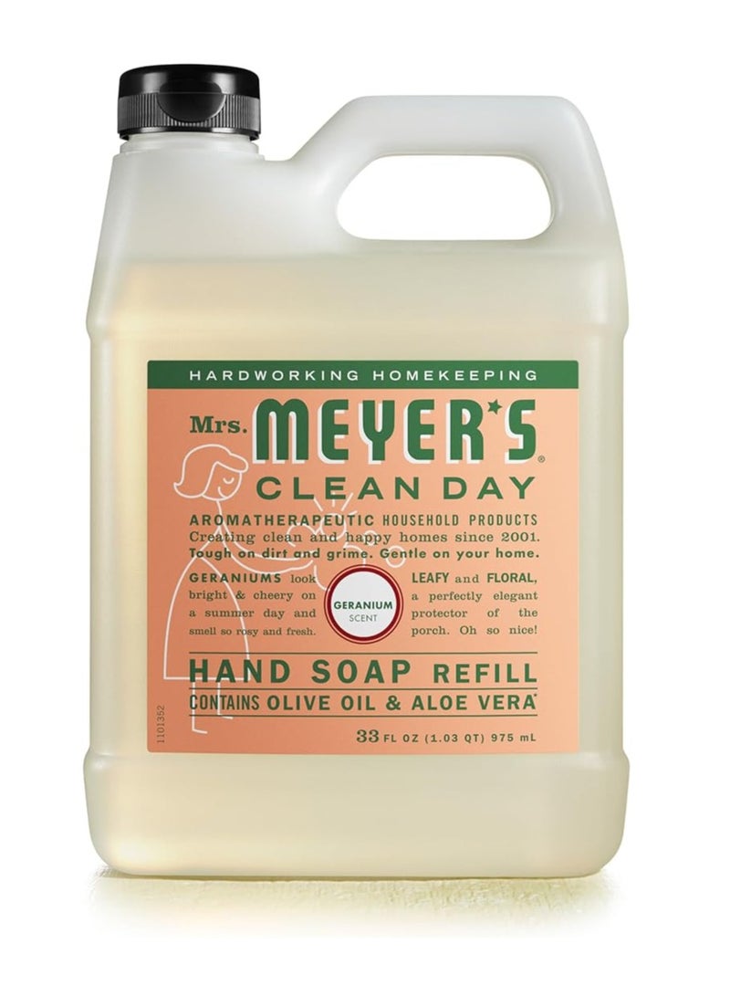 "MRS. MEYER'S CLEAN DAY Hand Soap Refill, Made with Essential Oils, Biodegradable Formula, Geranium, 33 fl. oz