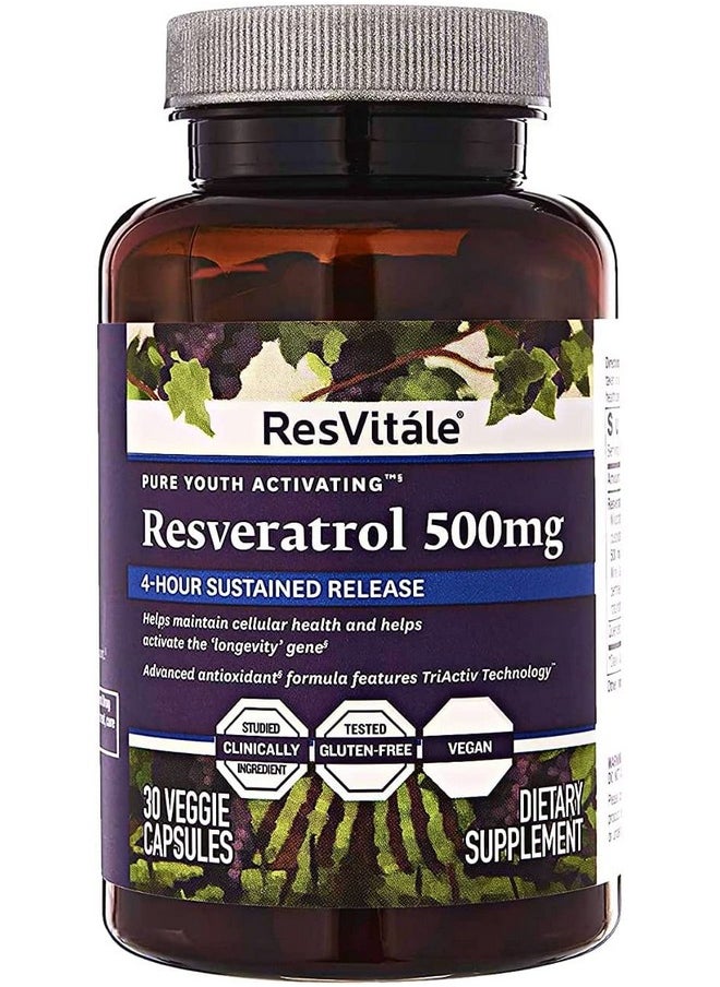 ResVitale - Resveratrol 500Mg Antioxidants For Heart Health & Skin Support Red Wine Grape Seed Extract 30 Vegetarian Capsules - Image 1