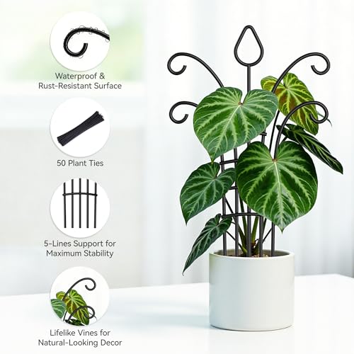 Josmimic 4 Pack Metal Small Plant Trellis for Potted Plants，Metal Indoor Plant Trellis for Climbing Plants，Black Mini Trellis Support with 5-Prong Base & 50 Ties, for Pothos Hoya Ivy, Gift for Plant Lovers - Image 2