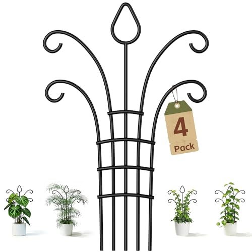 Josmimic 4 Pack Metal Small Plant Trellis for Potted Plants，Metal Indoor Plant Trellis for Climbing Plants，Black Mini Trellis Support with 5-Prong Base & 50 Ties, for Pothos Hoya Ivy, Gift for Plant Lovers - Image 1