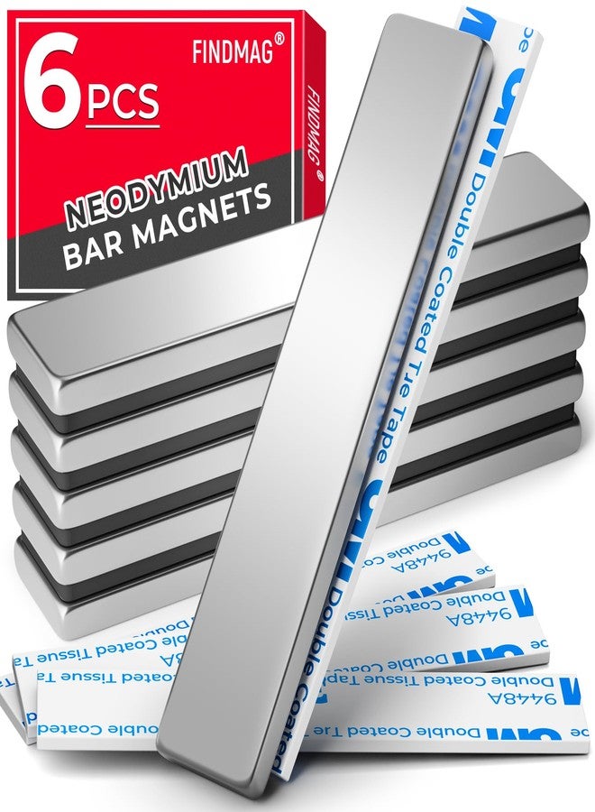 FINDMAG 6 Pack Powerful Neodymium Bar Magnets, Strong Rare Earth Magnets with Double Sided Adhesive - 60 x 10 x 3 mm - Image 1