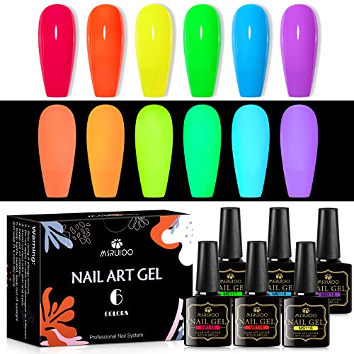 MSRUIOO Glow in the Dark Gel Nail Polish 6 Colors Luminous Neon Gel Polish Set Fluorescent Bright Colors Hot Pink Yellow Purple Glow Effect Soak Off UV Gel Polish for DIY Nail Art Design - Image 2