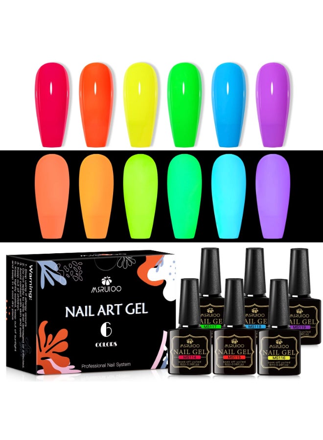 MSRUIOO Glow in the Dark Gel Nail Polish 6 Colors Luminous Neon Gel Polish Set Fluorescent Bright Colors Hot Pink Yellow Purple Glow Effect Soak Off UV Gel Polish for DIY Nail Art Design - Image 3