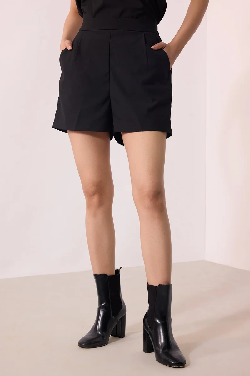 فيرجيو Solid Viscose Stretch Black Tailored Shorts for Women