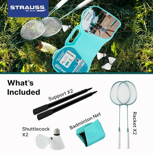 STRAUSS مجموعة مضارب الريشة ستراوس 2 مع شبكة وريشة | مجموعة رياضية من مادة متينة | شبكة بارتفاع قابل للتعديل | حقيبة المجموعة | مجموعة مضارب ريشة 2 | مجموعة مضارب كورك سيتل | مع قطع غيار - Image 4