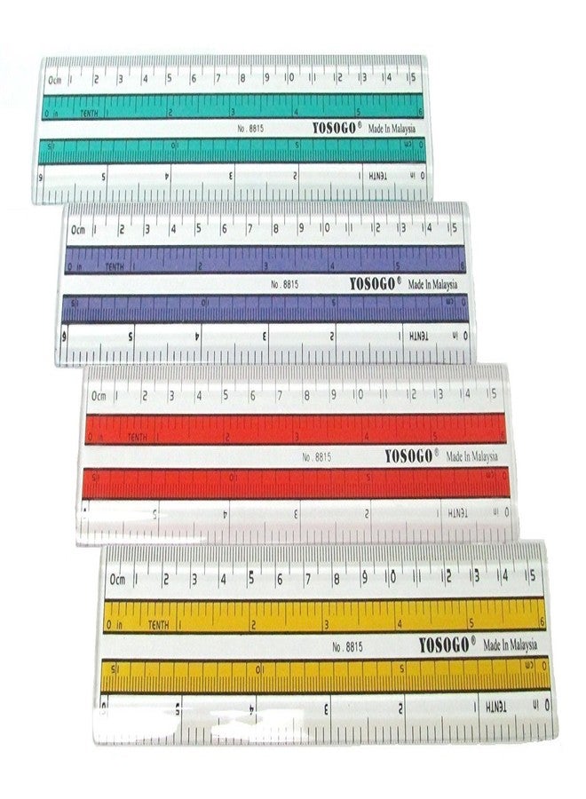 Yosogo 6 Inch Transparent Plastic Rulers Pack of 12 Premium Quality in Yellow, Green, Red and Blue - Image 1