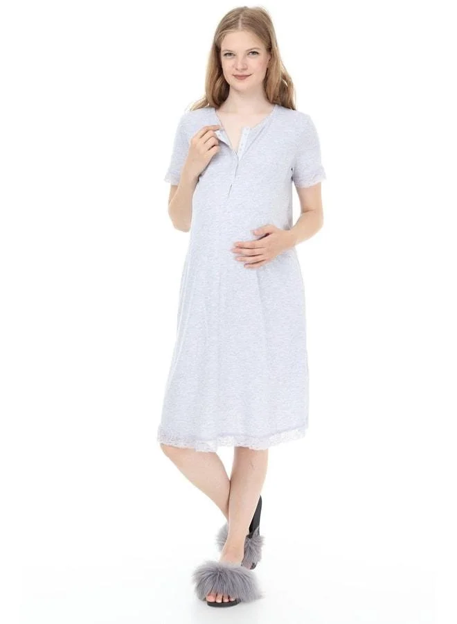 LuvmaBelly Myra9590 Front Buttoned Lace Maternity Nightgown - Grey.