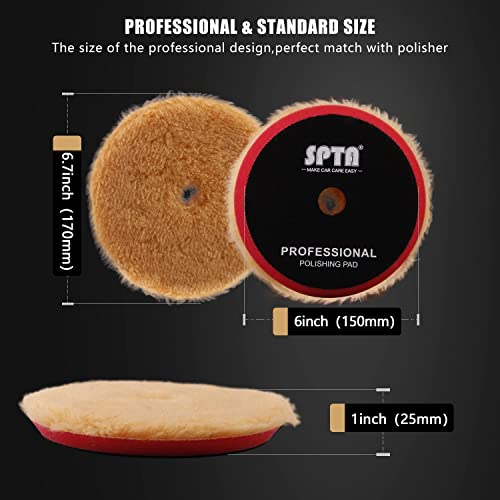 SPTA Wool Buffing Polishing Pads, 3Pcs 6" (150mm) Coarse Medium Cutting Car Wool Pads, with Hook and Loop for Car Polisher Car Polishing and Buffing -WPMIXS6 - Image 2