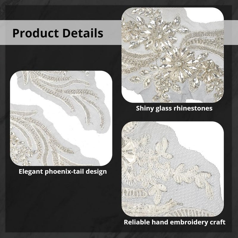 Rhinestone Beaded Appliques, Handmade Lace Trim Set, 1 Pair for DIY Dress Decoration, Wedding Embellishments, Neckline Craft Trim - Image 4