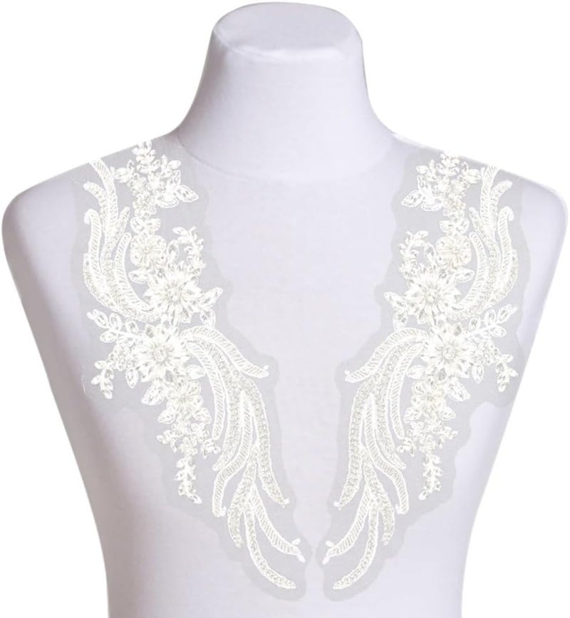 Rhinestone Beaded Appliques, Handmade Lace Trim Set, 1 Pair for DIY Dress Decoration, Wedding Embellishments, Neckline Craft Trim - Image 3