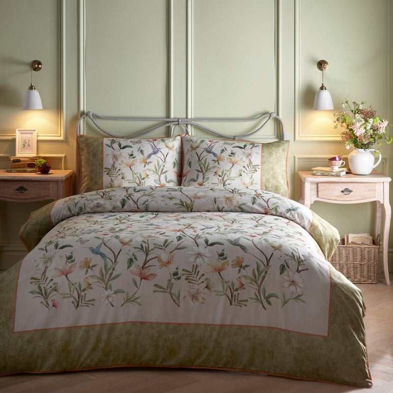 Appletree  Sage Green Floral  Humming Birds Duvet Cover  Super King Bedding Size 260 x 220cm  200 Thread Count  100 Cotton Sateen  2 Pillowcases  Green Floral Bedding with Birds