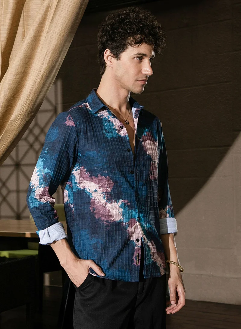 كامبوس سوترا Men's Indigo Blue Abstract Fluid Shirt