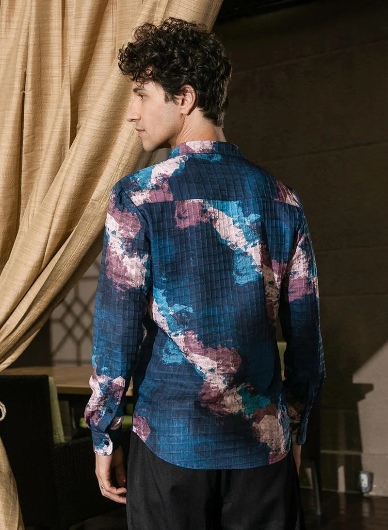 كامبوس سوترا Men's Indigo Blue Abstract Fluid Shirt