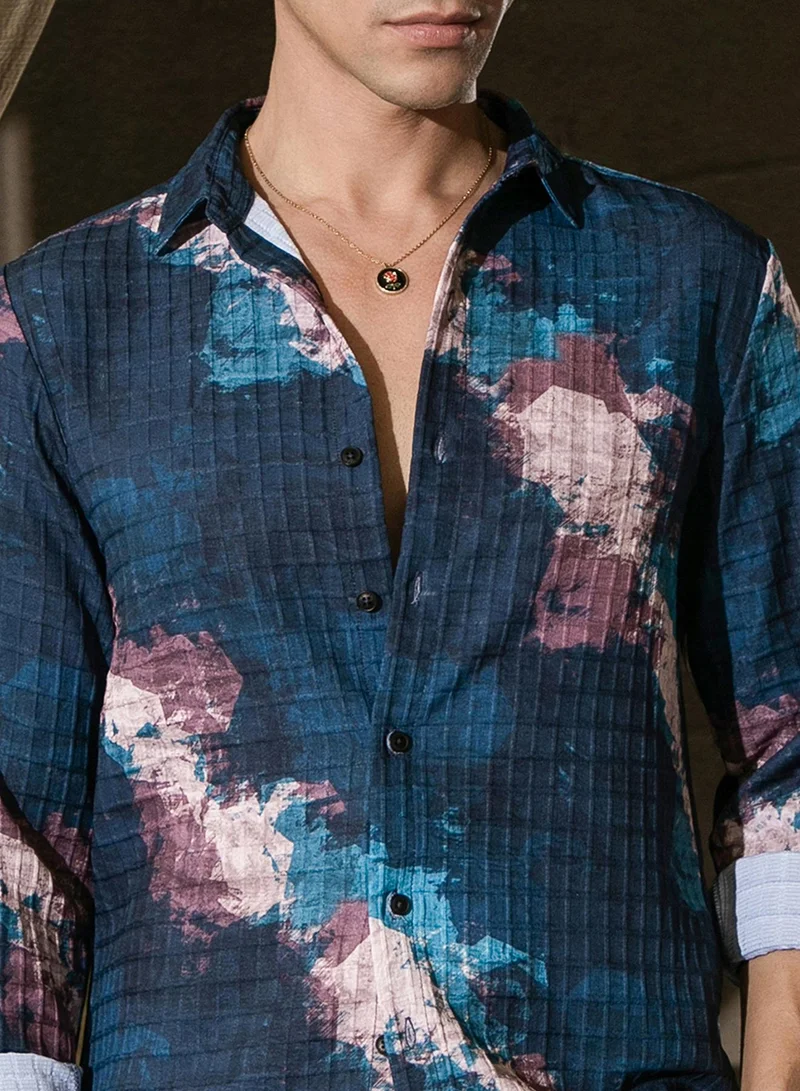 كامبوس سوترا Men's Indigo Blue Abstract Fluid Shirt