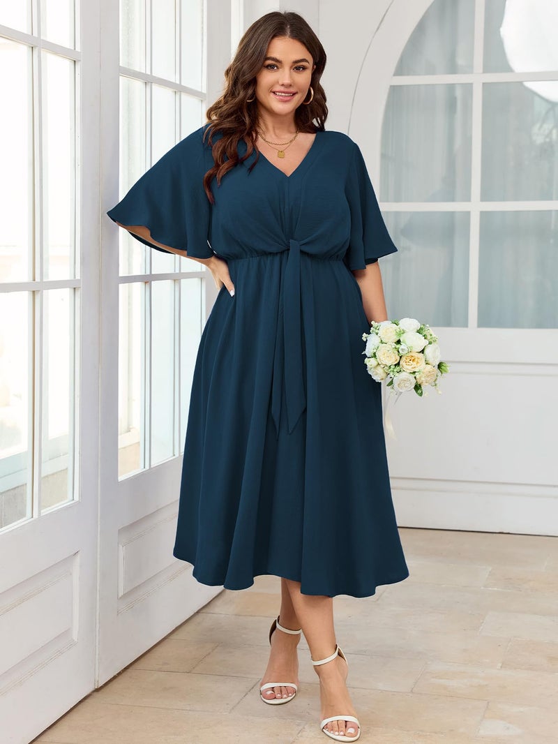 SCOMCHIC Women Plus Size Midi Dresses Wedding Guest Short Sleeve V Neck Tie Waist Casual Summer Flowy A Line Dress Lake Blue - Image 2