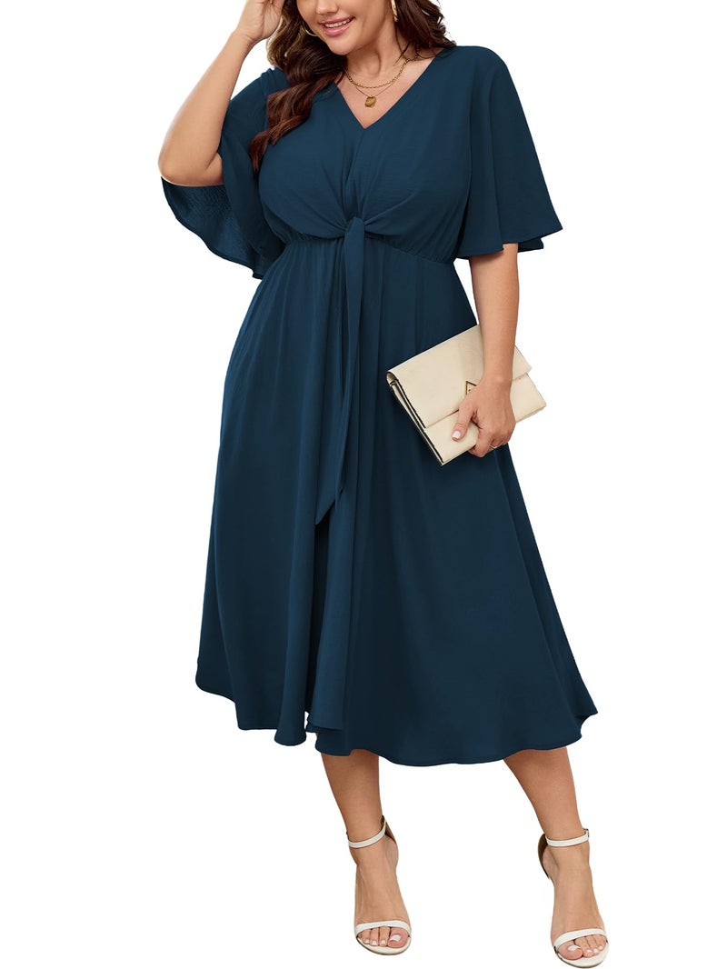 SCOMCHIC Women Plus Size Midi Dresses Wedding Guest Short Sleeve V Neck Tie Waist Casual Summer Flowy A Line Dress Lake Blue - Image 1