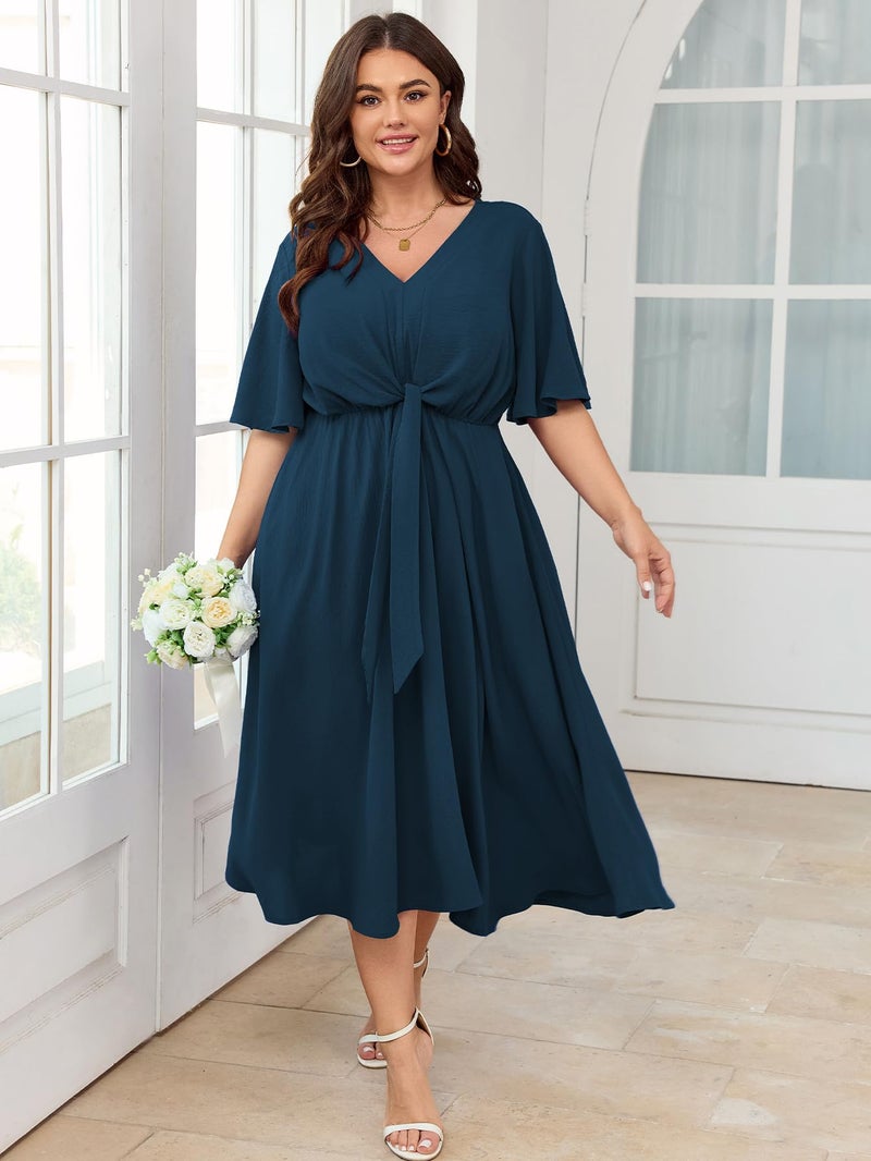 SCOMCHIC Women Plus Size Midi Dresses Wedding Guest Short Sleeve V Neck Tie Waist Casual Summer Flowy A Line Dress Lake Blue - Image 3