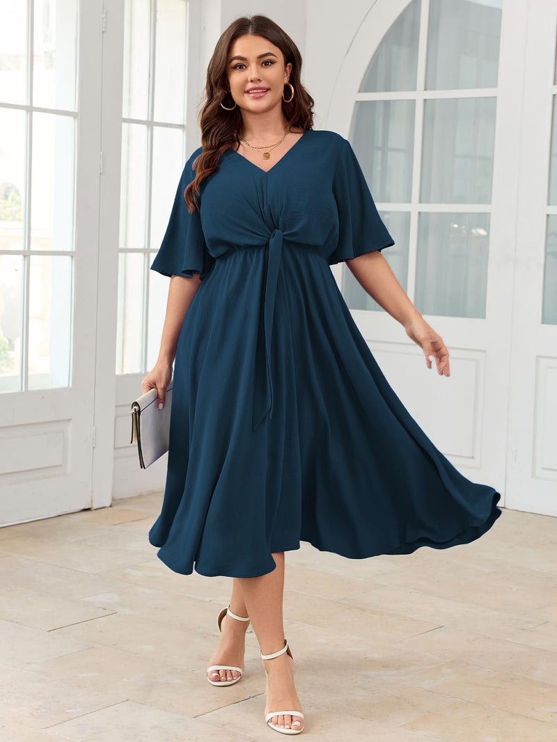 SCOMCHIC Women Plus Size Midi Dresses Wedding Guest Short Sleeve V Neck Tie Waist Casual Summer Flowy A Line Dress Lake Blue - Image 5