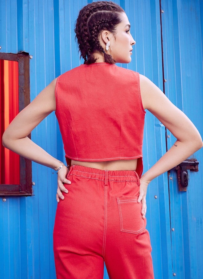 Athena Red Sleeveless Crop Denim Jacket for Women - Image 3