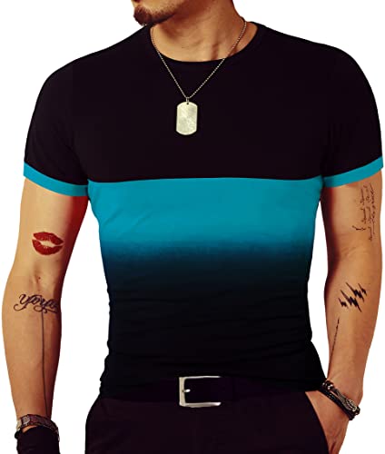 LOGEEYAR Mens Slim Fit T-Shirt Contrast Color Tee Gradient Stitching Short-Sleeve Cotton Tops Blue - Image 1