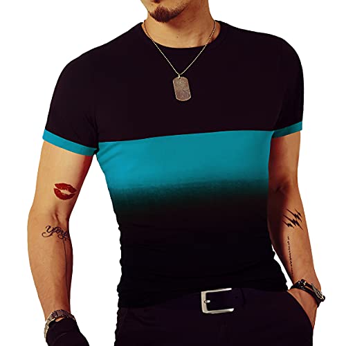 LOGEEYAR Mens Slim Fit T-Shirt Contrast Color Tee Gradient Stitching Short-Sleeve Cotton Tops Blue - Image 2