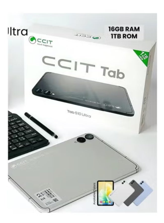 CCIT Tab S10 Ultra 10.1-Inch Android Tablet with 16GB RAM, 1TB ROM | High-Speed 4G LTE Dual SIM | Full HD Display | 10000mAh Battery | Includes Stylus, Keyboard, Mouse | Lightweight & Portable | Silver | Fast Multitasking & Entertainment Tablet - Image 1