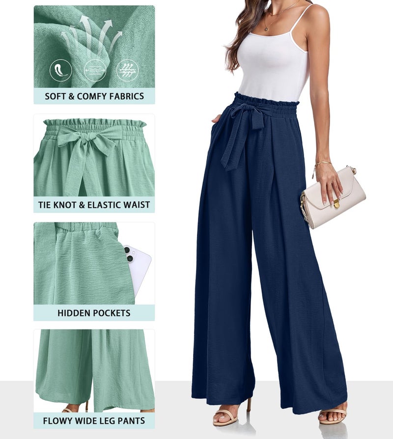 Lepunuo Women High Waisted Wide Leg Pants Summer Casual Flowy Lounge Palazzo Pants Floral Solid Beach Trousers A - Navy Blue - Image 2