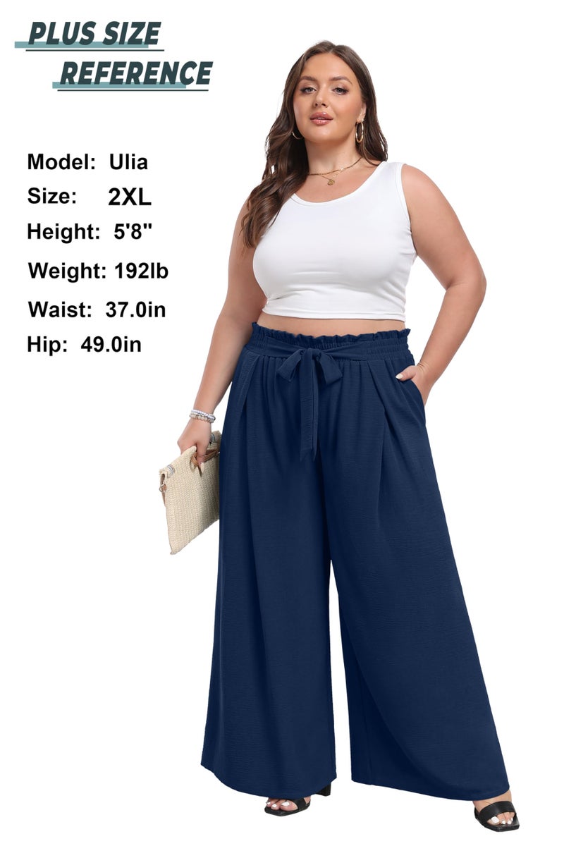 Lepunuo Women High Waisted Wide Leg Pants Summer Casual Flowy Lounge Palazzo Pants Floral Solid Beach Trousers A - Navy Blue - Image 4