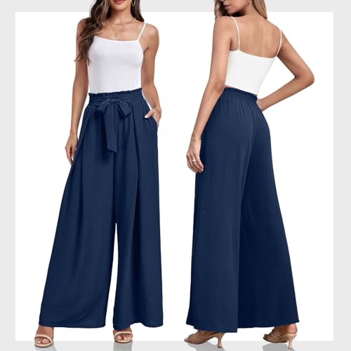 Lepunuo Women High Waisted Wide Leg Pants Summer Casual Flowy Lounge Palazzo Pants Floral Solid Beach Trousers A - Navy Blue - Image 5