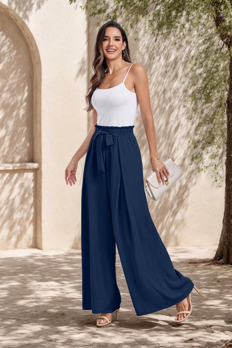 Lepunuo Women High Waisted Wide Leg Pants Summer Casual Flowy Lounge Palazzo Pants Floral Solid Beach Trousers A - Navy Blue - Image 3