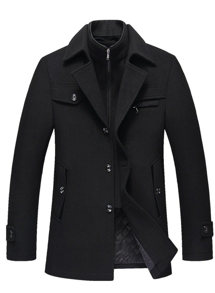 Loquat Men's Double Collar With Detachable Inner Collar Coat Regular Fit Winter Thick Trench Jacket Black  - Image 1