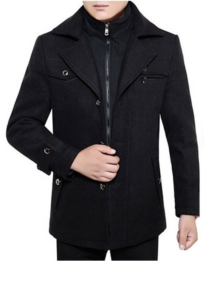 Loquat Men's Double Collar With Detachable Inner Collar Coat Regular Fit Winter Thick Trench Jacket Black  - Image 2