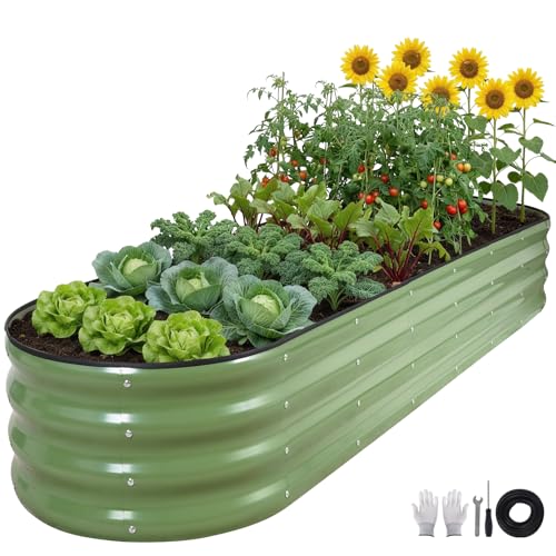 ZORMY Galvanized Raised Garden Bed 1 Pack, 8x2x1ft Oval Metal Planter Box Outdoor with Support Rods & Corner Protection, Planter Beds for Vegetables, Fruits, Flowers (OliveGreen) - Image 1