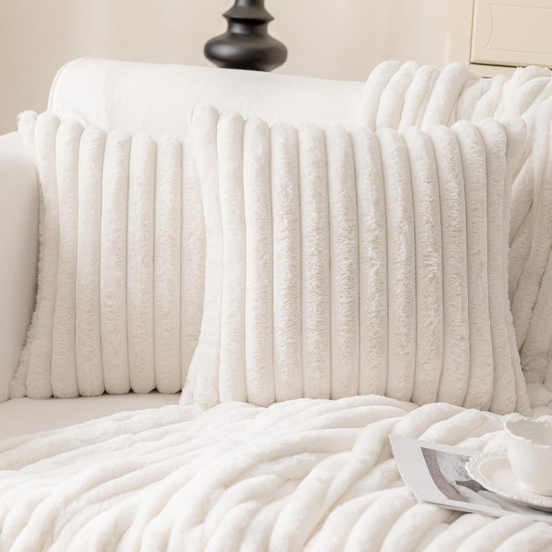 MOSAYT Faux Fur Throw Pillow Covers 18x18, Set of 2, Cream Plush Velvet Soft Pillow Case,Fluffy Furry Striped Decorative Couch Pillow Covers for Sofa, Bedroom, Living Room(White) - Image 1