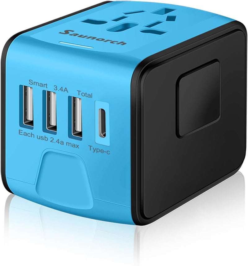 SAUNORCH محول سفر عالمي، محول طاقة دولي عالمي مع 2.4A 3xUSB-A وشاحن حائط Type-C 3.0A، محول سفر أوروبي لأوروبا المملكة المتحدة الاتحاد الأوروبي الولايات المتحدة كندا أستراليا إيطاليا آسيا - أزرق - Image 1