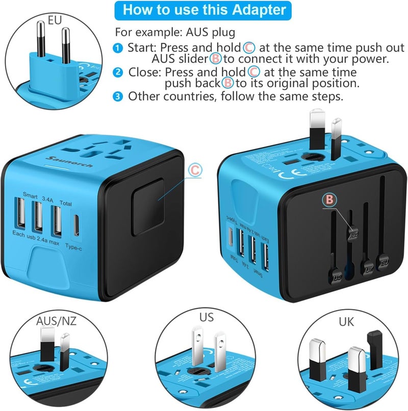 SAUNORCH محول سفر عالمي، محول طاقة دولي عالمي مع 2.4A 3xUSB-A وشاحن حائط Type-C 3.0A، محول سفر أوروبي لأوروبا المملكة المتحدة الاتحاد الأوروبي الولايات المتحدة كندا أستراليا إيطاليا آسيا - أزرق - Image 5