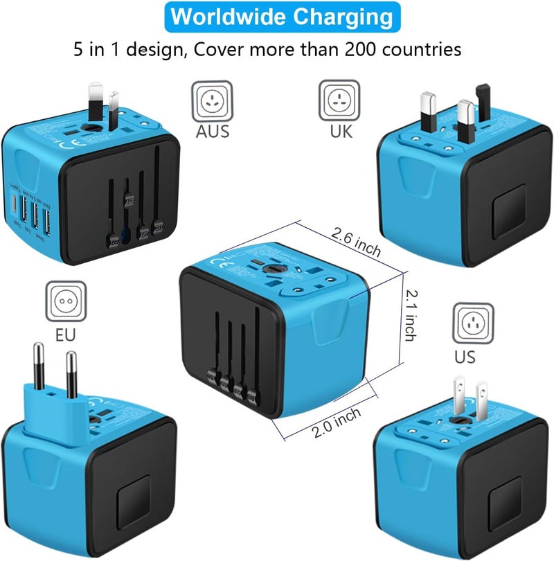 SAUNORCH محول سفر عالمي، محول طاقة دولي عالمي مع 2.4A 3xUSB-A وشاحن حائط Type-C 3.0A، محول سفر أوروبي لأوروبا المملكة المتحدة الاتحاد الأوروبي الولايات المتحدة كندا أستراليا إيطاليا آسيا - أزرق - Image 3
