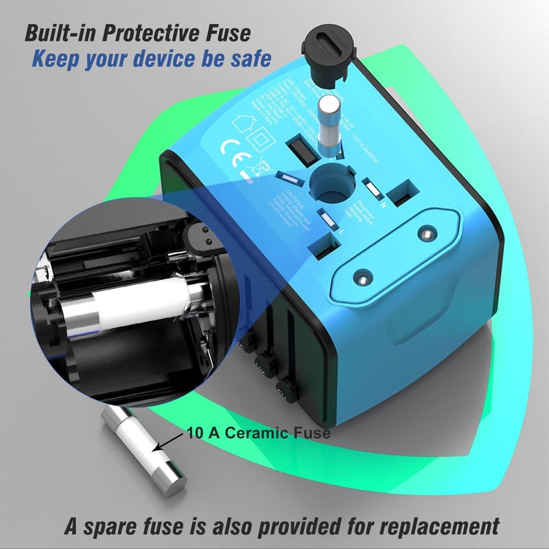 SAUNORCH محول سفر عالمي، محول طاقة دولي عالمي مع 2.4A 3xUSB-A وشاحن حائط Type-C 3.0A، محول سفر أوروبي لأوروبا المملكة المتحدة الاتحاد الأوروبي الولايات المتحدة كندا أستراليا إيطاليا آسيا - أزرق - Image 4