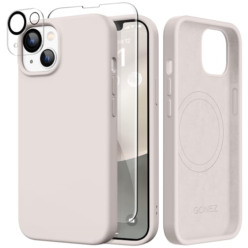 GONEZ Magnetic for iPhone 14 Case, Compatible with Magsafe, with Screen Protector + Camera Protector, Anti-Scratch Microfiber Lining, Liquid Silicone Shockproof Protective Phone Case, Stone - Image 1
