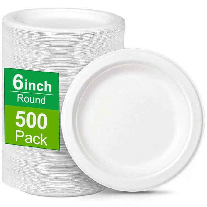 6 INCH SMALL COMPOSTABLE DESSERT PAPER PLATES 500 PACK MADE FROM SUGARCANE FIBERS