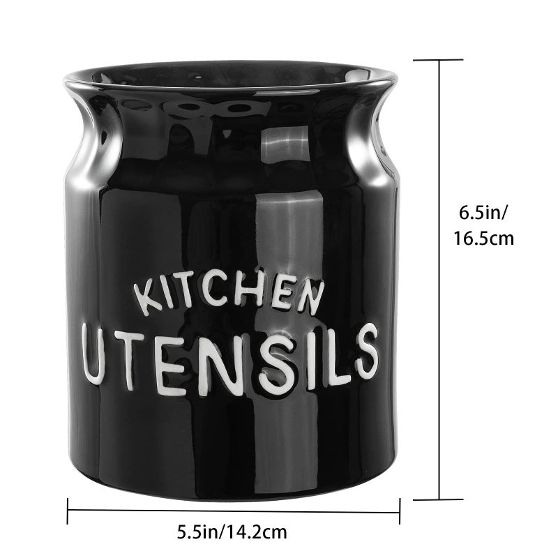 Karisky Karisky Utensil Holder, Ceramic Farmhouse Kitchen Utensil Holder for Countertop, 6.5" Large Cooking Utensil Crock for Kitchen Counter, Black  - Image 4